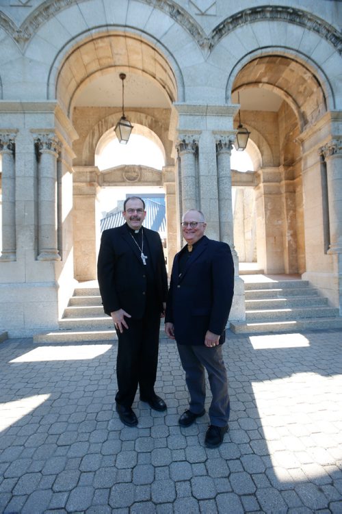 WAYNE GLOWACKI / WINNIPEG FREE PRESS

Faith Page.  Father Marcel Carrière ,right, and Archbishop Albert LeGatt in front of the St. Boniface Cathedral-Basilica. For  Brenda Suderman story: Changing role of St. Boniface Cathedral and archdiocese. July 7  2017