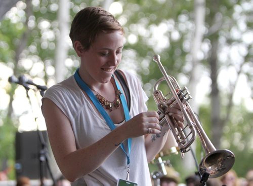 RUTH BONNEVILLE / WINNIPEG FREE PRESS

Trumpet player Martine Labbé with the band Wesli  performs on stage at the 44th annual Folk Festival at Birds Hill Park Saturday.  

July 08, 2017
