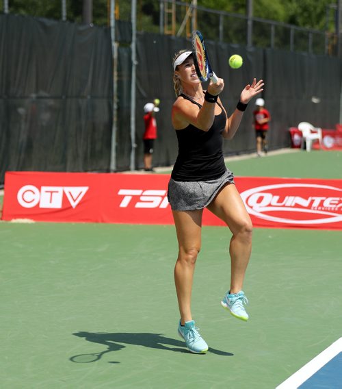 TREVOR HAGAN / WINNIPEG FREE PRESS
Alexa Guarachi of Chile, hits the ball during her match against Sara Daavettila of the USA, at the National Bank Challenger tennis tournament at the Winnipeg Lawn Tennis Club, Sunday, July 9, 2017.