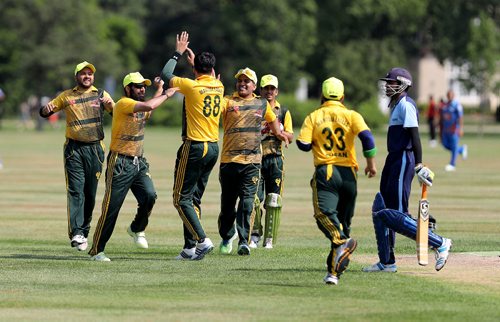 TREVOR HAGAN / WINNIPEG FREE PRESS
The Manitoba Eagles celebrate following a play during their cricket match against AICC on the cricket field at Assiniboine Park, Sunday, July 9, 2017.