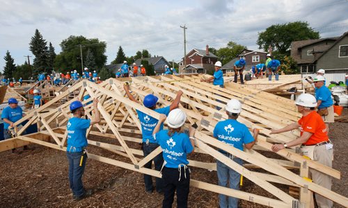 WAYNE GLOWACKI / WINNIPEG FREE PRESS

About 500 volunteers started building  20 homes on Lyle St. Monday morning as part of the Habitat for Humanitys 34th Jimmy & Rosalynn Carter Work Project¤ that runs July 9-14 in cities across Canada. Together they will be building 150 homes in celebration of Canadas 150th anniversary.Kevin Rollason story  July 10  2017