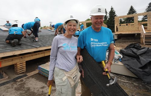 RUTH BONNEVILLE / WINNIPEG FREE PRESS



Jean and her husband Gene Cravens volunteer their time to build homes for Habitat for Humanity at The Carter build site in St. James Tuesday.   Former U.S. president Jimmy Carter and his wife Rosalynn will help build homes on Thursday.  
See Melissa Martin story. 
 
July 11, 2017