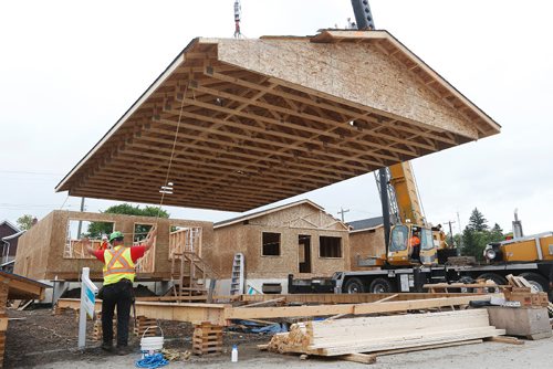 JOHN WOODS / WINNIPEG FREE PRESS
Construction crews raise the roofs on twenty homes at the Habitat For Humanity build on Lyle Street Tuesday, July 11, 2017.