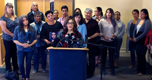 WAYNE GLOWACKI / WINNIPEG FREE PRESS

At podium, Hilda Anderson Pyrz, Co-chair Missing and Murdered Indigenous Women and Girls (MMIWG) Coalition at  a news conference held by the MMIWG Coalition along with  families and survivors in Winnipeg Wednesday.  Alex Paul story ¤July 12  2017