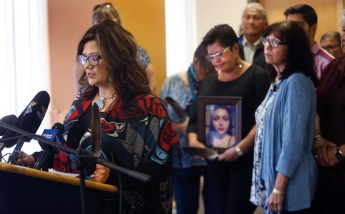 WAYNE GLOWACKI / WINNIPEG FREE PRESS

From left at podium, Hilda Anderson Pyrz, Co-chair Missing and Murdered Indigenous Women and Girls (MMIWG) Coalition, Delores Daniels holding a photograph of her murdered daughter Serena McKay beside Betty Rourke whose daughter and sister were murdered attend a  news conference held by the MMIWG Coalition along with  families and survivors in Winnipeg Wednesday.  Alex Paul story ¤July 12  2017