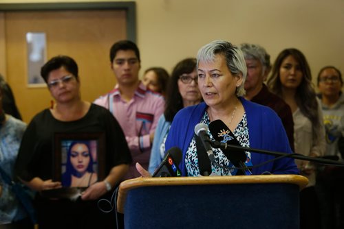 WAYNE GLOWACKI / WINNIPEG FREE PRESS

At podium, Sandra Delaronde, Co-chair Missing and Murdered Indigenous Women and Girls (MMIWG) Coalition at  a news conference held by the MMIWG Coalition along with  families and survivors in Winnipeg Wednesday.  Alex Paul story ¤July 12  2017