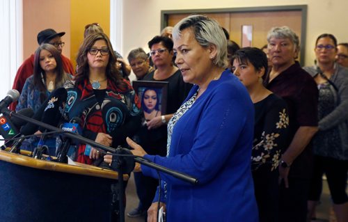 WAYNE GLOWACKI / WINNIPEG FREE PRESS

In centre, Sandra Delaronde, Co-chair Missing and Murdered Indigenous Women and Girls (MMIWG) Coalition at  a news conference held by the MMIWG Coalition along with  families and survivors in Winnipeg Wednesday.  Alex Paul story ¤July 12  2017