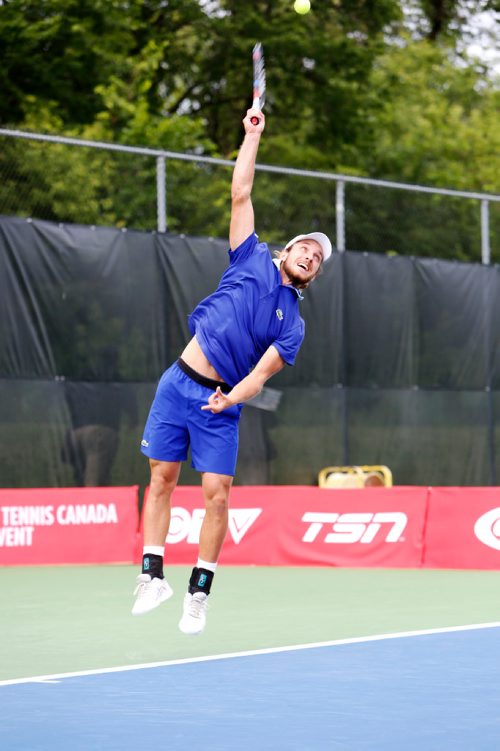 JUSTIN SAMANSKI-LANGILLE / WINNIPEG FREE PRESS
Canadian player Filip Peliwo serves during the Challenger Tour Wednesday at the Winnipeg Lawn and Tennis Club.
170712 - Wednesday, July 12, 2017.