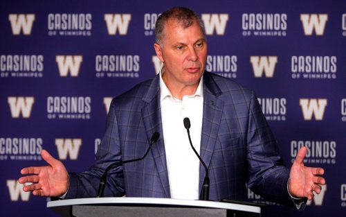 BORIS MINKEVICH / WINNIPEG FREE PRESS
New CFL commissioner Randy Ambrosie speaks to media pre game at IGF. July 13, 2017