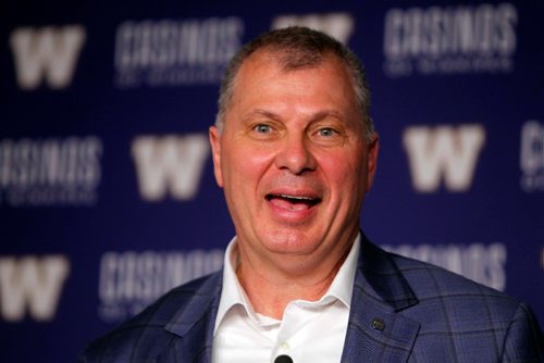 BORIS MINKEVICH / WINNIPEG FREE PRESS
New CFL commissioner Randy Ambrosie speaks to media pre game at IGF. July 13, 2017