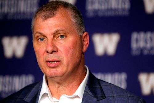 BORIS MINKEVICH / WINNIPEG FREE PRESS
New CFL commissioner Randy Ambrosie speaks to media pre game at IGF. July 13, 2017