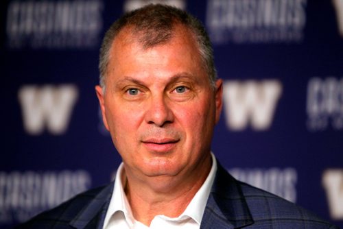 BORIS MINKEVICH / WINNIPEG FREE PRESS
New CFL commissioner Randy Ambrosie speaks to media pre game at IGF. July 13, 2017