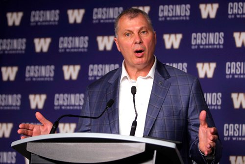 BORIS MINKEVICH / WINNIPEG FREE PRESS
New CFL commissioner Randy Ambrosie speaks to media pre game at IGF. July 13, 2017