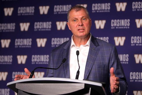 BORIS MINKEVICH / WINNIPEG FREE PRESS
New CFL commissioner Randy Ambrosie speaks to media pre game at IGF. July 13, 2017