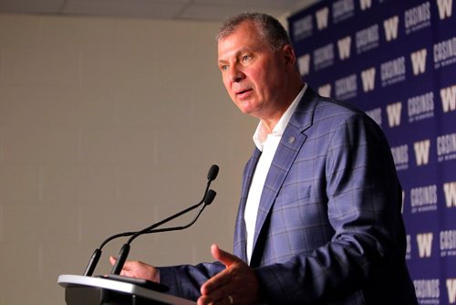 BORIS MINKEVICH / WINNIPEG FREE PRESS
New CFL commissioner Randy Ambrosie speaks to media pre game at IGF. July 13, 2017