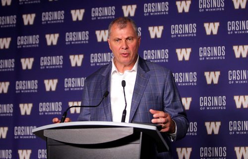 BORIS MINKEVICH / WINNIPEG FREE PRESS
New CFL commissioner Randy Ambrosie speaks to media pre game at IGF. July 13, 2017