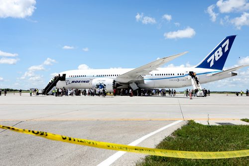 RUTH BONNEVILLE / WINNIPEG FREE PRESS

Boeing employees take a closer look at a  Boeing 787 Dreamliner airplane on the tarmac at the airport Thursday.  The employees were bused to the site to see a completed airline with components built by them in Winnipeg plant after it made a special landing in Winnipeg.  
See Biz story.  

July 13, 2017