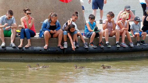 BORIS MINKEVICH / WINNIPEG FREE PRESS
WEATHER STAND UP - People sit on the middle dock at the Forks and enjoy the new view and some ducks. A new dock was installed and now you can walk over and hang out at on it. Today the summer temperatures soared to 25c and people were enjoying the lovely weather.  July 14, 2017
