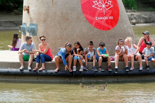 BORIS MINKEVICH / WINNIPEG FREE PRESS
WEATHER STAND UP - People sit on the middle dock at the Forks and enjoy the new view and some ducks. A new dock was installed and now you can walk over and hang out at on it. Today the summer temperatures soared to 25c and people were enjoying the lovely weather.  July 14, 2017