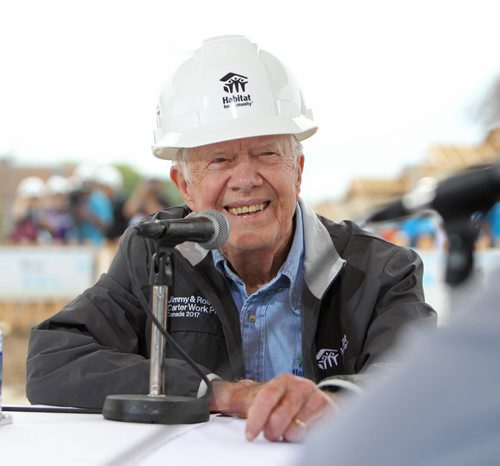 RUTH BONNEVILLE / WINNIPEG FREE PRESS

Former U.S. president Jimmy Carter is in good spirits as he smiles while being interviewed at the Carter Habitat for Humanity work project site Friday afternoon.  
July 14, 2017