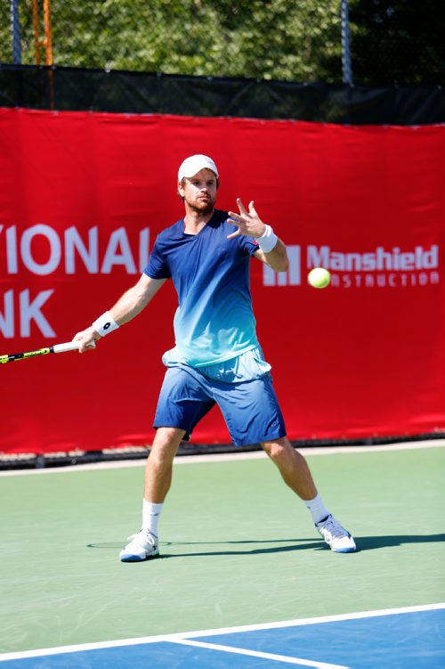JUSTIN SAMANSKI-LANGILLE / WINNIPEG FREE PRESS
Blaz Kavcic of Slovenia winds up to return the ball during Friday's match against American Raymond Sarmiento at the Challenger Cup.
170714 - Friday, July 14, 2017.
