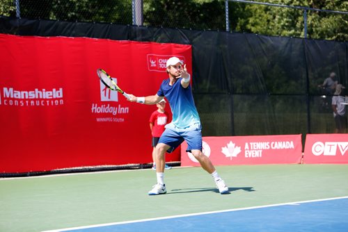 JUSTIN SAMANSKI-LANGILLE / WINNIPEG FREE PRESS
Blaz Kavcic of Slovenia winds up to return the ball during Friday's match against American Raymond Sarmiento at the Challenger Cup.
170714 - Friday, July 14, 2017.