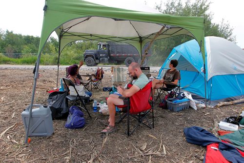 BORIS MINKEVICH / WINNIPEG FREE PRESS
Parker Lands development protestors are camped out on the development site to try to stop it. From left, protestors Katelyn McIntyre, Dirk Hoeppner, and Jenna Vandal. BEN WALDMAN STORY  July 17, 2017