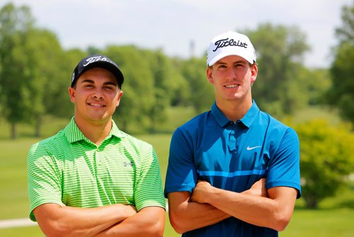 JUSTIN SAMANSKI-LANGILLE / WINNIPEG FREE PRESS
Devon Schade (L) and Travis Fredborg pose at Selkirk Golf and Country Club Monday after completing their first rounds at the Manitoba Mens Amateur Championships.
170717 - Monday, July 17, 2017.