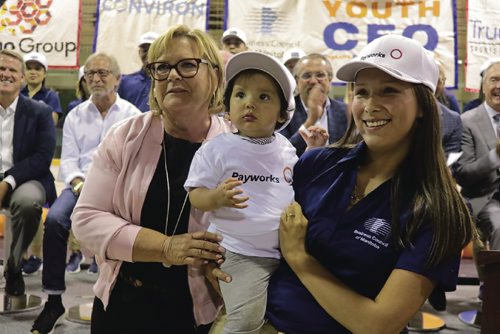 Canstar Community News July 11, 2017 - Barb Gamey (left), CEO at Payworks Payroll Services, Kelsey Lands (right) and her daughter Jaylynn Owens (middle) at the Youth CEO program announcement at the Old Exhibition Arena. (LIGIA BRAIDOTTI/CANSTAR COMMUNITY NEWS/TIMES)