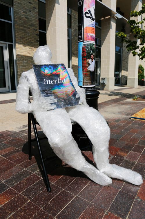 JUSTIN SAMANSKI-LANGILLE / WINNIPEG FREE PRESS
A life-size body made out of plastic bags is seen holding a poster for the Fringe Fest show "Inertia" is seen Tuesday. Fringe Fest starts Wednesday and features performances by artists from around the world.
170718 - Tuesday, July 18, 2017.