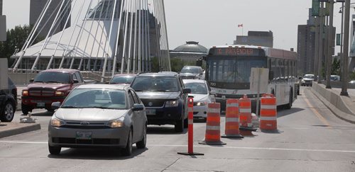 PHIL HOSSACK / WINNIPEG FREE PRESS  -  Construction along Provencher Bvld has forced traffic to a one lane bottle neck at the Provencher bridge eastbound. See story. - July 18, 2017