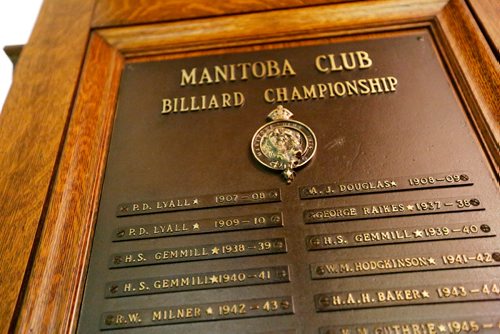 JUSTIN SAMANSKI-LANGILLE / WINNIPEG FREE PRESS
The Manitoba Club Billiard Championship board is seen inside the Billiards Lounge. The board lists champions af far back as 1907.
170718 - Tuesday, July 18, 2017.