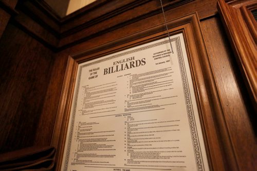 JUSTIN SAMANSKI-LANGILLE / WINNIPEG FREE PRESS
The official rules of English Billiards are seen near the entrance to the Manitoba Club Billiards Lounge.
170719 - Wednesday, July 19, 2017.