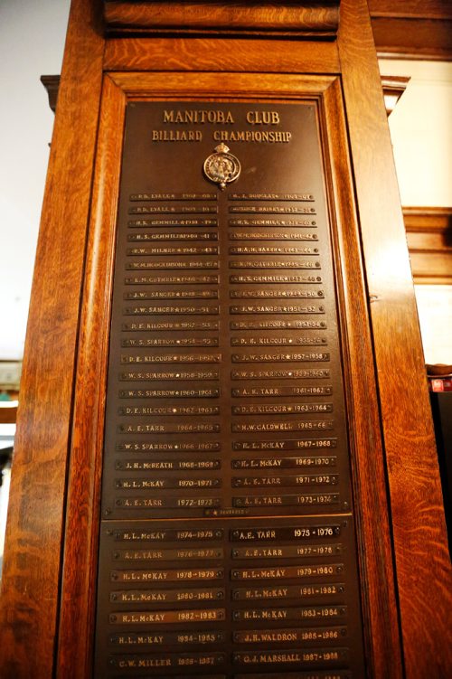 JUSTIN SAMANSKI-LANGILLE / WINNIPEG FREE PRESS
The Manitoba Club Billiard Championship board is seen inside the Billiards Lounge. The board lists champions af far back as 1907.
170719 - Wednesday, July 19, 2017.