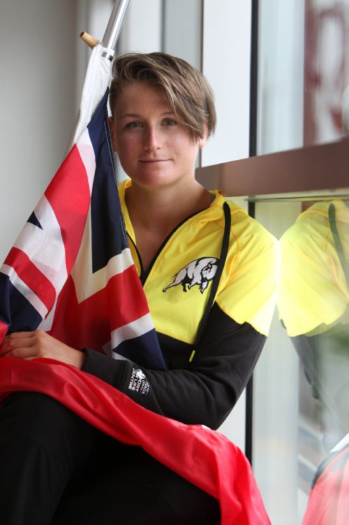RUTH BONNEVILLE / WINNIPEG FREE PRESS

Manitoba rowing athlete Emma Gray proudly holds the Manitoba flag Wednesday after being formally announced at presser at the Mb Sport Hall of Fame to lead the  Manitoba team into the Opening Ceremonies on as the official flag bearer for the Canada Summer Games.  



July 19, 2017