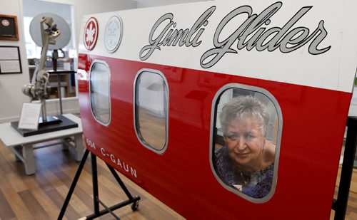 WAYNE GLOWACKI / WINNIPEG FREE PRESS
Barb Gluck, president of the The Gimli Glider Exhibit with a part of the fuselage from the Air Canada Boeing 767 that landed in Gimli on July 23, 1983. It is part of the Glider Exhibit in Gimli Manitoba. Kevin Rollason story. July 18 2017