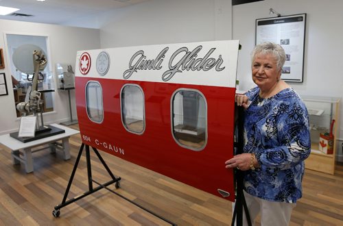 WAYNE GLOWACKI / WINNIPEG FREE PRESS

Barb Gluck, president of the Gimli Glider Exhibit with a part of the fuselage from the Air Canada Boeing 767 that landed in Gimli on July 23, 1983. It is part of the Gimli Glider Exhibit in Gimli Manitoba. Kevin Rollason story. July 18   2017