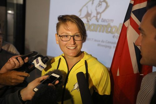 RUTH BONNEVILLE / WINNIPEG FREE PRESS

Manitoba rowing athlete Emma Gray is all smiles while being interviewed by the media after being formally announced at presser at the Mb Sport Hall of Fame to lead the  Manitoba team into the Opening Ceremonies on as the official flag bearer for the Canada Summer Games.  



July 19, 2017
