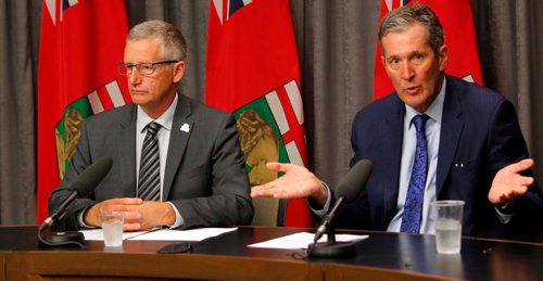 BORIS MINKEVICH / WINNIPEG FREE PRESS
The Manitoba government is spending $6 million to supply Churchill by sea with enough propane to get through the coming winter. From left, Infrastructure Minister Blaine Pedersen and Premier Brian Pallister at presser at the Leg. NICK MARTIN STORY. July 21, 2017