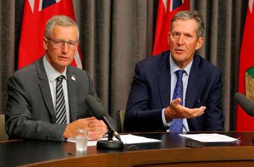 BORIS MINKEVICH / WINNIPEG FREE PRESS
The Manitoba government is spending $6 million to supply Churchill by sea with enough propane to get through the coming winter. From left, Infrastructure Minister Blaine Pedersen and Premier Brian Pallister at presser at the Leg. NICK MARTIN STORY. July 21, 2017