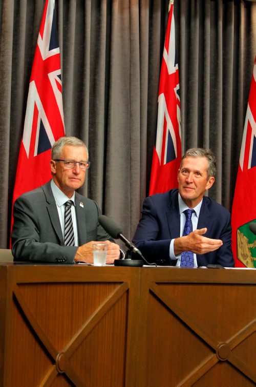 BORIS MINKEVICH / WINNIPEG FREE PRESS
The Manitoba government is spending $6 million to supply Churchill by sea with enough propane to get through the coming winter. From left, Infrastructure Minister Blaine Pedersen and Premier Brian Pallister at presser at the Leg. NICK MARTIN STORY. July 21, 2017