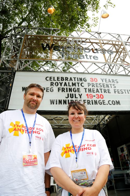 JUSTIN SAMANSKI-LANGILLE / WINNIPEG FREE PRESS
Veteran Fringe Fest volunteers Patrick and Kathleen Armstrong pose outside the Tom Hendry Warehouse Theatre Friday. The couple have been volunteering at the festival since 2006.
170721 - Friday, July 21, 2017.