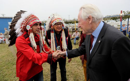 TREVOR HAGAN / WINNIPEG FREE PRESS
AMC Grand Chief Arlen Dumas, and Brokenhead Chief Jim Bear greeting Lord Selkirk, Friday, July 21, 2017.