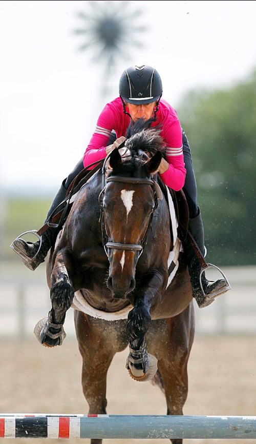 PHIL HOSSACK / WINNIPEG FREE PRESS  -   "Action Adventure" lives up to it's name clearing a hurdle with owner/operator Shelly Hallick aboard  in the competition ring set up at the Red River Exhibition Park Friday for the Marcy Schweizer Memorial Fund Derby Horse Show which starts Saturday and runs through Sunday. Riders were in the ring Friday to "school" their steed's prepping for the weekend's competition.  -  July 21, 2017