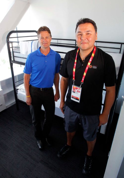 BORIS MINKEVICH / WINNIPEG FREE PRESS
Media tour of the Canada Summer Games 2017 Athletes Village at U of M (in residence buildings). From left, President and CEO of the 2017 Canada Summer Games Host Society Jeff Hnatiuk and 2017 Canada Summer Games Host Society staff member Norman Ettawacappo in photo. July 25, 2017
