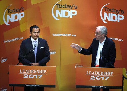 PHIL HOSSACK / WINNIPEG FREE PRESS  -   Wab Kinew (left) and Steve Ashton at the NDP Leadership 2017 Forum at Richardson College for the Environment and Science Complex U of W Wednesday evening. See Larry Kusch story.   -  July 26, 2017