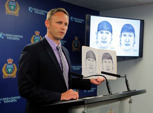 BORIS MINKEVICH / WINNIPEG FREE PRESS
Sgt. Wes Rommel with the composite of a suspect in the missing Thelma Krull investigation. Photo taken at Police Headquarters. July 27, 2017