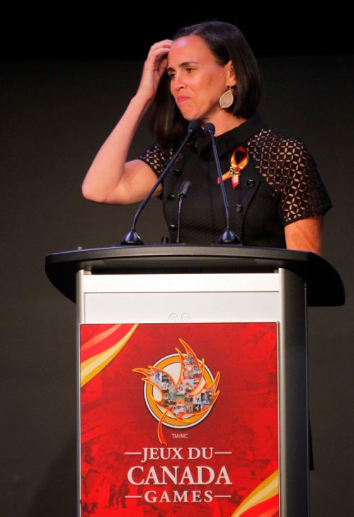 BORIS MINKEVICH / WINNIPEG FREE PRESS
Canada Games Hall of Honour Inductions. The formal announcement took place at the Metropolitan Entertainment Centre Theatre. Claire Carver-Dias, Olympian / Canada Games alumni, accepts her award. JASON BELL STORY.  July 27, 2017