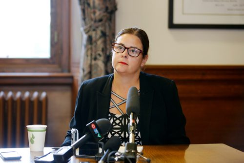 JUSTIN SAMANSKI-LANGILLE / WINNIPEG FREE PRESS
Provincial Justice Minister Heather Stefanson speaks to reporters during a press conference Thursday to discuss the future of legal cannabis production, distribution and retail in Manitoba.
170727 - Thursday, July 27, 2017.