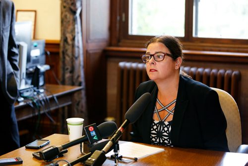 JUSTIN SAMANSKI-LANGILLE / WINNIPEG FREE PRESS
Provincial Justice Minister Heather Stefanson speaks to reporters during a press conference Thursday to discuss the future of legal cannabis production, distribution and retail in Manitoba.
170727 - Thursday, July 27, 2017.